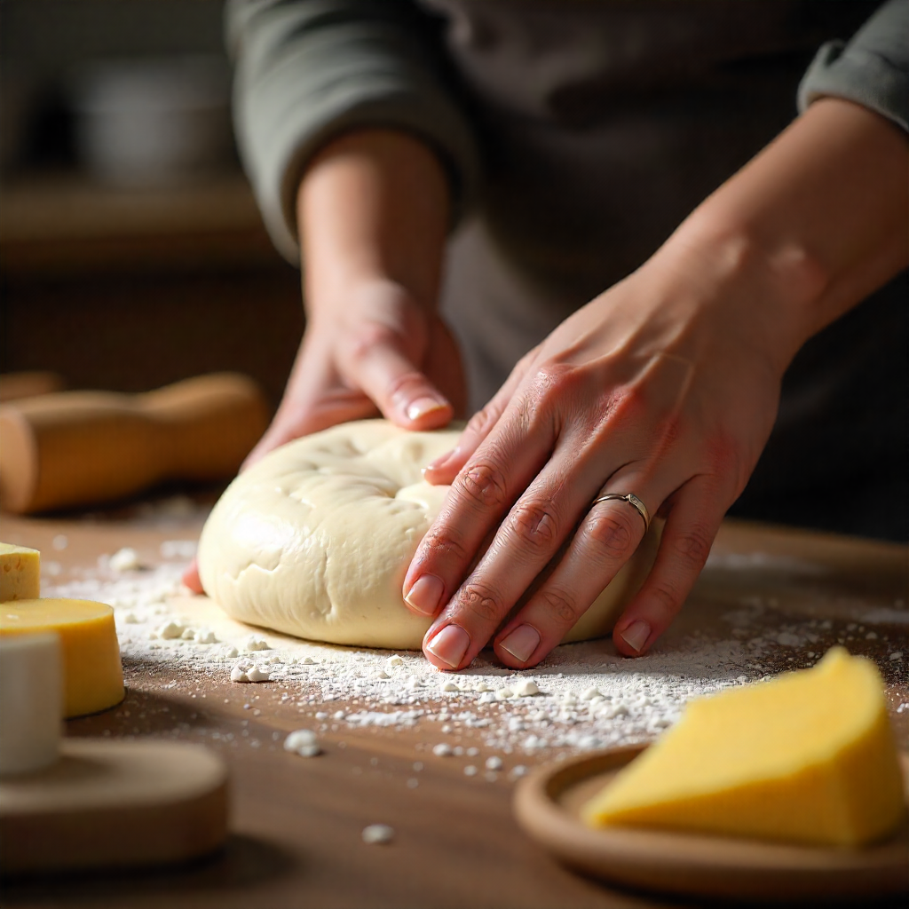 A close-up of hands kneading a ball of dough on a floured surface. A rolling pin and pieces of cheese lie nearby.