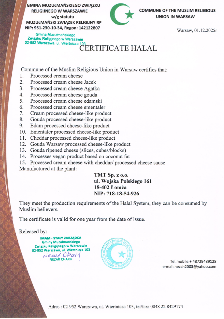 Halal Certificate issued by the Muslim Religious Association in Poland for TMT Sp. z o.o. The document confirmed that the 15 listed products (including processed cheeses, cheese-like products, and vegan products at the end of the coconut analysis) contain Halal certifications and are suitable for use by the designated person. The certificate was issued on December 1, 2025, and is valid for one year.
