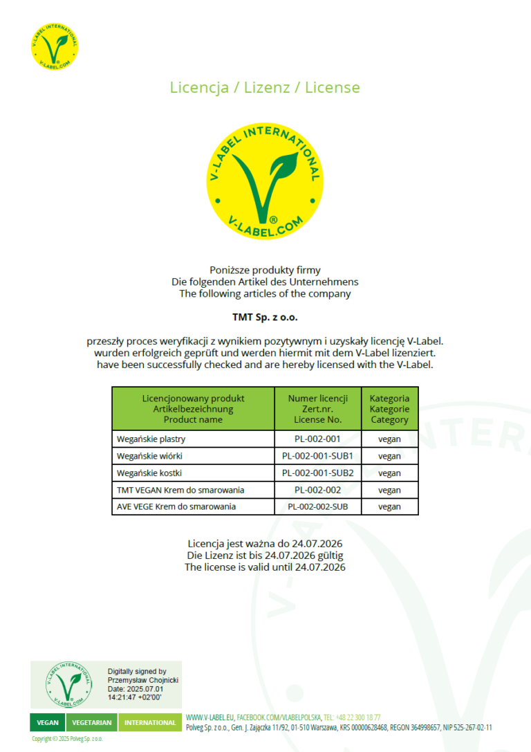 V-Label International certificate for TMT Sp. z o.o. confirming the license for vegan products. The document covers vegan slices, shavings, and cubes, as well as spreads under the TMT VEGAN and AVE VEGE brands. The license is valid until July 24, 2026.