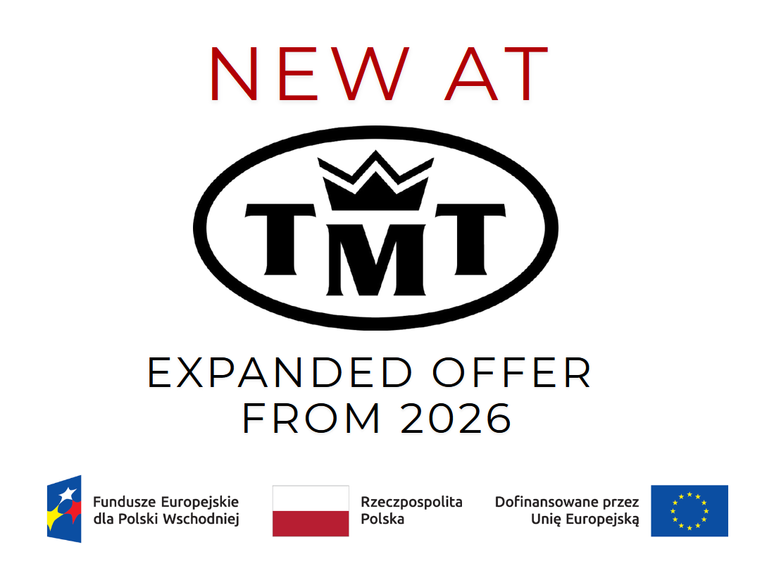 The TMT company logo with the inscription 'NEW' and information about an expanded offer from 2026, along with the logos of European Funds for Eastern Poland, the Republic of Poland, and 'Co-financed by the European Union.