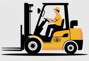Figure - a warehouse worker with a forklift license drives a yellow TMT forklift.