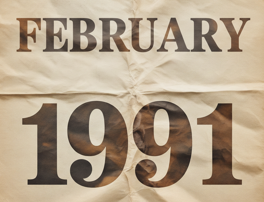 The words 'February 1991' on a background of crumpled, yellowed paper.