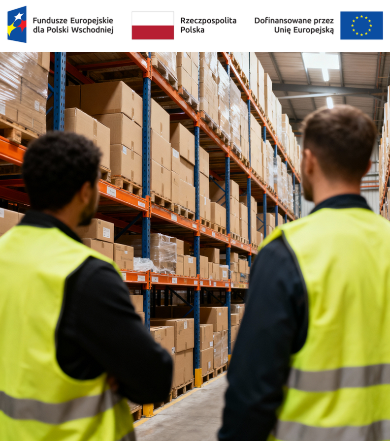 Widok zza pleców dwóch pracowników w żółtych kamizelkach odblaskowych, którzy patrzą na wysokie regały wypełnione kartonowymi pudłami w dużym magazynie.