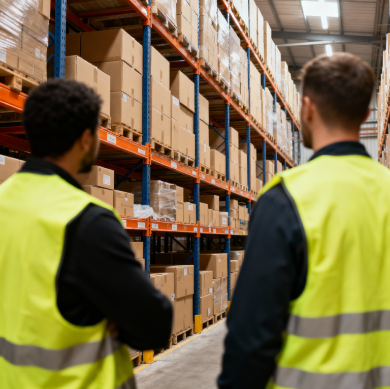 View from behind of two workers in yellow reflective vests, looking at tall shelves filled with cardboard boxes in a large warehouse
