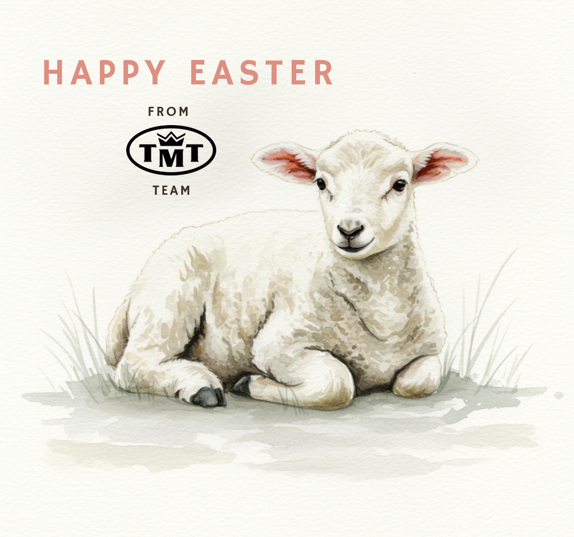 Watercolor-style Easter graphic featuring a white lamb lying on the grass. Above, there is a pink 'HAPPY EASTER' inscription, and below it, the black TMT logo with the text 'FROM TEAM'.