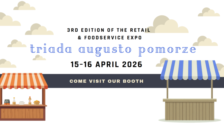 An information poster from TMT company inviting to the 3rd edition of the Triada Augusto Pomorze Retail and Catering Trade Fair. The event takes place on April 15-16, 2026. The graphic shows illustrations of trade stalls and clouds, with the TMT logo at the bottom. Text: "VISIT OUR STALL".