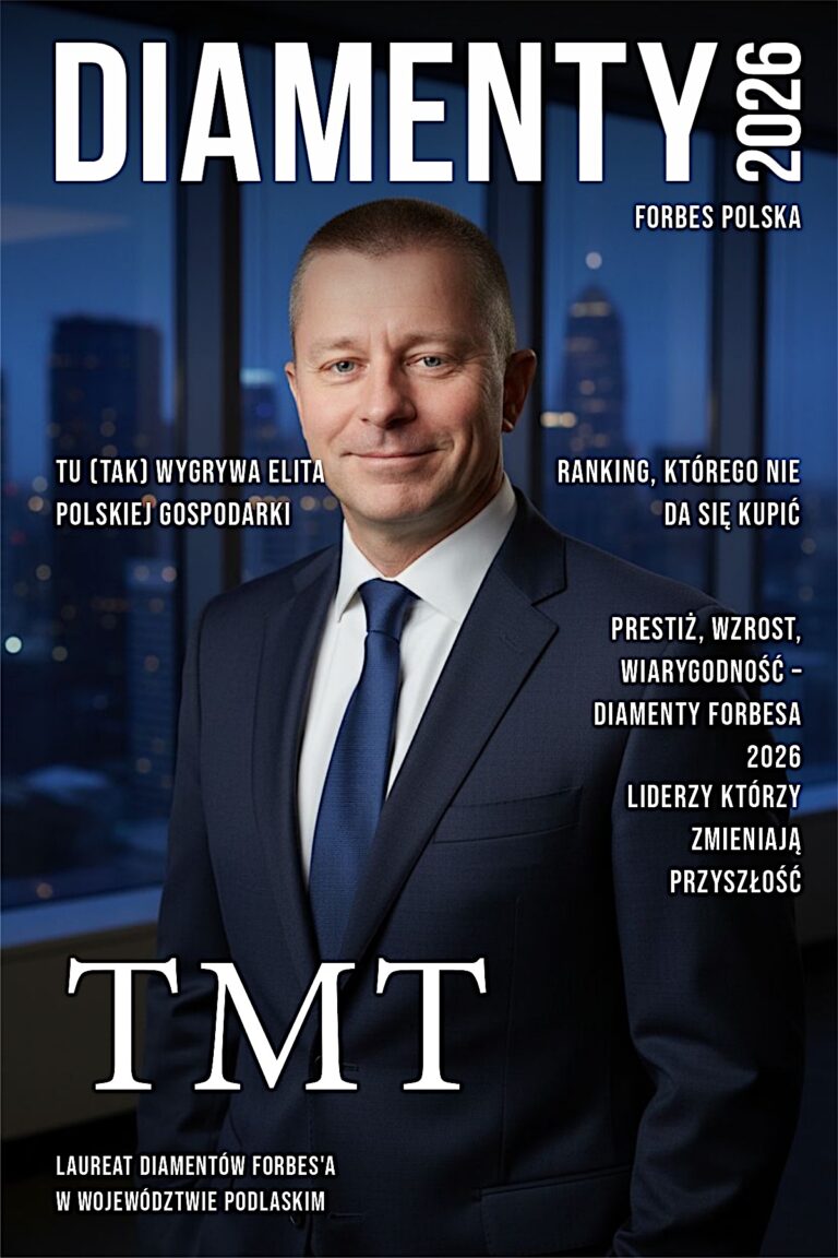 Special cover of "Forbes Diamonds 2026". Portrait of a smiling man in a dark suit and blue tie against a night city skyline. At the bottom, a large white "TMT" logo and the caption: "Forbes Diamonds winner in the Podlaskie Voivodeship". Side texts mention the elite of the Polish economy and leaders changing the future.