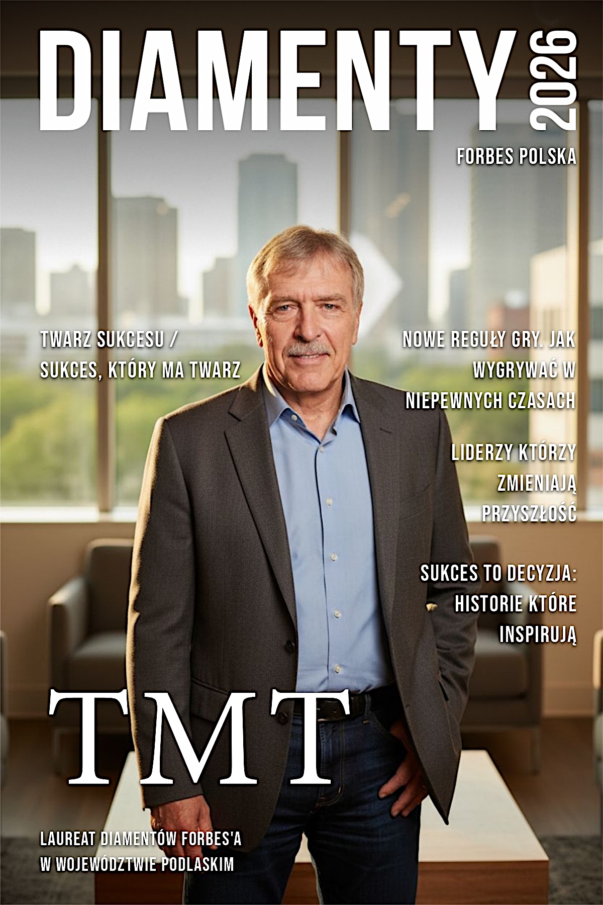 Special cover of "Forbes Diamonds 2026". Portrait of a mature man in a gray blazer and light blue shirt, standing in a bright office with a daytime city view. At the bottom, a large white "TMT" logo and the caption: "Forbes Diamonds winner in the Podlaskie Voivodeship". Side texts read: "The face of success", "New rules of the game", and "Success is a decision".