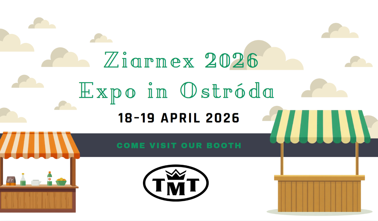 An information poster from TMT company inviting to the Ziarnex 2026 Trade Fair in Ostróda, held on April 18-19, 2026. The graphic features illustrations of two market stalls with awnings against a background of clouds, and the TMT logo (the letters TMT inside an oval with a crown on top). Text: "VISIT OUR STALL!".