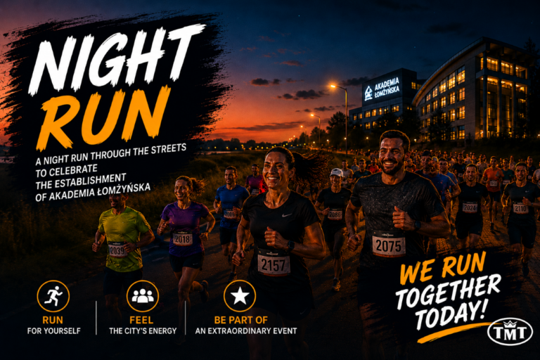 Poster promoting a night city run in Łomża commemorating the establishment of the Łomża Academy. The graphic shows a group of runners participating in an evening race near the illuminated university building. Visible slogans include “Night Run” and “An evening that brings people together!”.