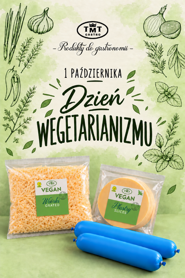Grafika z okazji Dnia Wegetarianizmu, obchodzonego 1 października. Na jasnym, zielonym tle z ilustracjami warzyw i ziół widnieje logo TMT Gastro oraz hasło „Dzień Wegetarianizmu”. W dolnej części zaprezentowano produkty wegańskie TMT – wiórki, plastry oraz produkty w niebieskich osłonkach.
