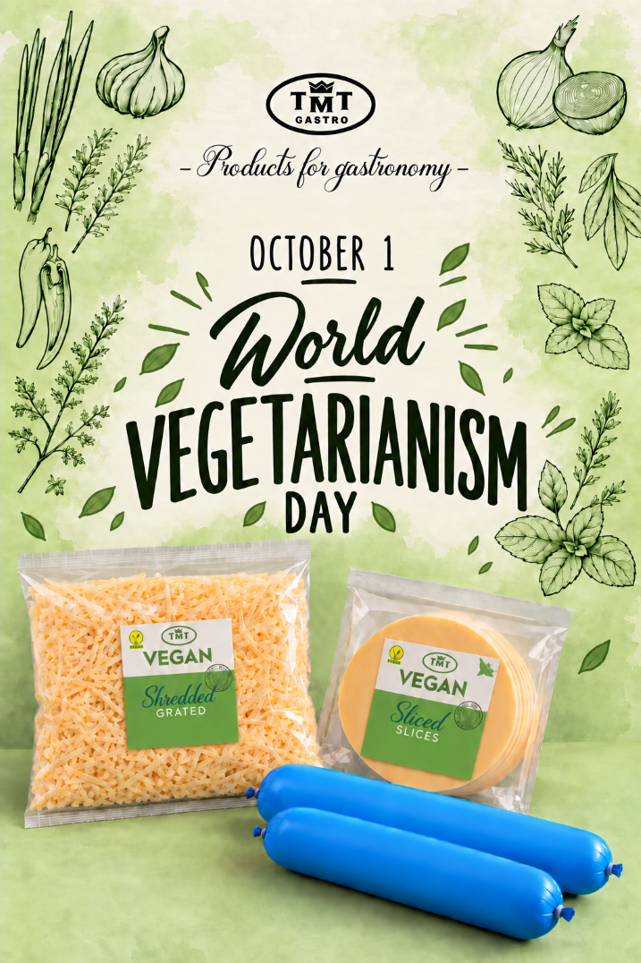 Vegetarian Day graphic for October 1. Set against a light green background decorated with illustrations of vegetables and herbs, it features the TMT Gastro logo and the “Vegetarian Day” message. The lower part presents TMT vegan products, including grated and sliced alternatives and products in blue casings.