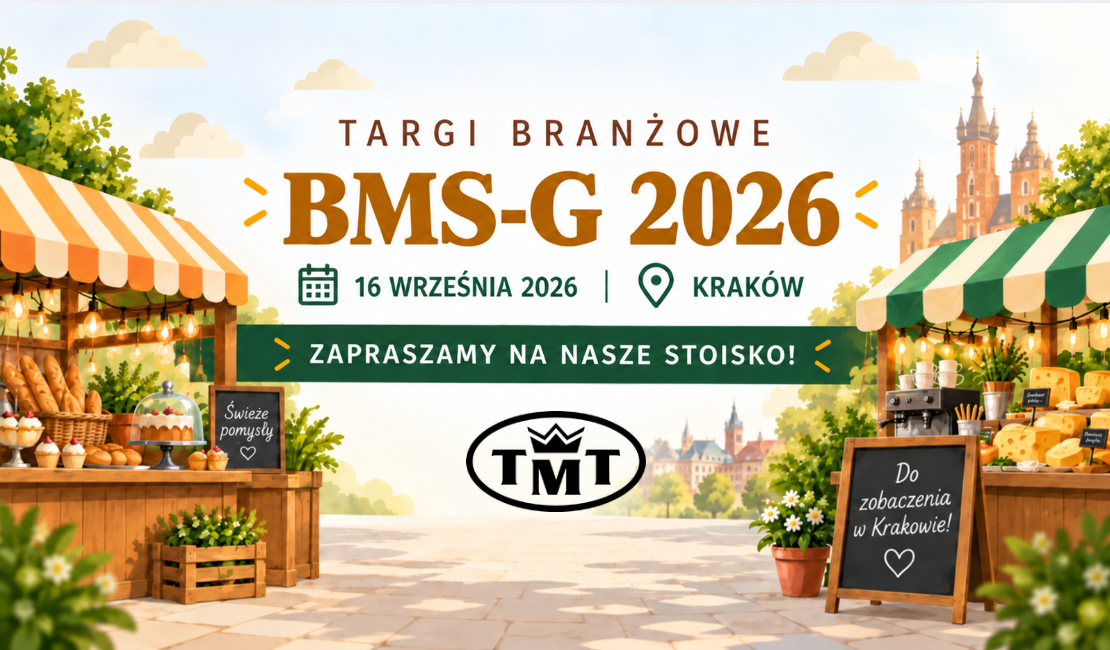 Ilustracja promująca targi branżowe BMS-G 2026, które odbędą się 16 września 2026 w Krakowie. Po bokach znajdują się kolorowe stoiska targowe z pieczywem, wypiekami, kawą i serami, a w tle widać charakterystyczną krakowską architekturę. Na grafice widnieje hasło „Zapraszamy na nasze stoisko!” oraz logo TMT.