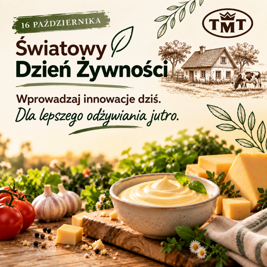 Grafika z okazji Światowego Dnia Żywności, obchodzonego 16 października. Na jasnym, naturalnym tle widnieje logo TMT, ilustracja gospodarstwa oraz hasło „Innovate today. Nourish tomorrow.” W dolnej części znajduje się kompozycja produktów spożywczych: kremowy sos, sery, pomidory, czosnek i świeże zioła. Grafika wygenerowana przy użyciu sztucznej inteligencji (AI).