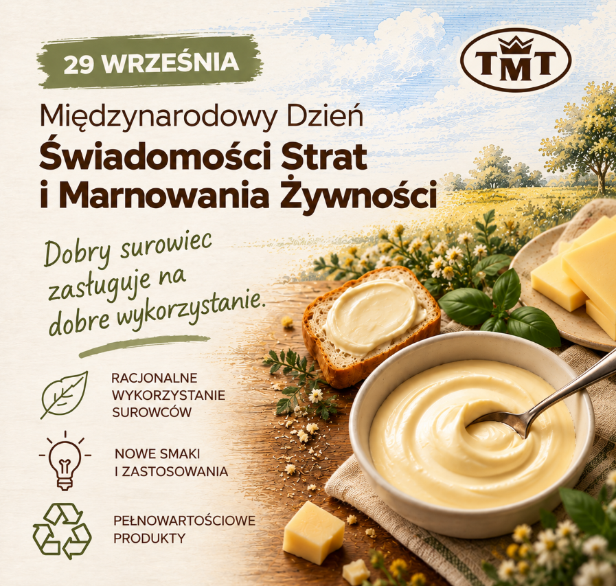 Grafika z okazji Międzynarodowego Dnia Świadomości Strat i Marnowania Żywności, obchodzonego 29 września. Przedstawia pieczywo, ser i kremowy produkt serowy oraz hasło promujące racjonalne wykorzystanie surowców, nowe smaki i zastosowania oraz pełnowartościowe produkty.