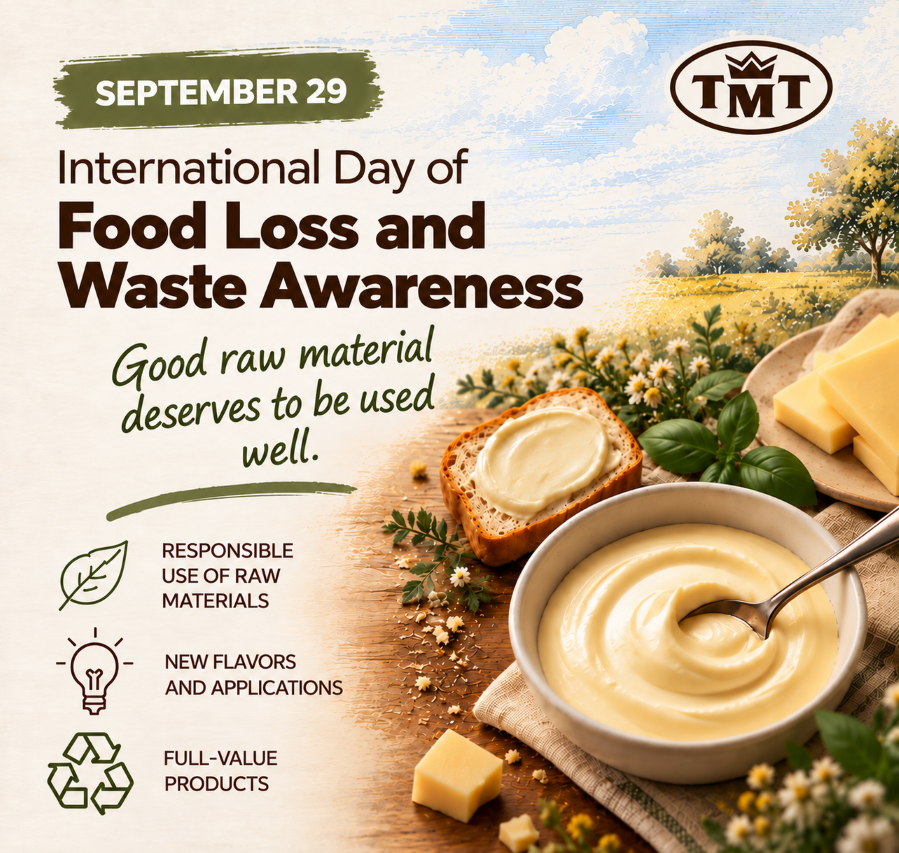 Poster for the International Day of Food Loss and Waste Awareness on September 29. The design features a countryside landscape and dairy products, including cheese, bread and a creamy spread. The message promotes responsible use of raw materials, new applications and full-value products, with the slogan “Good raw material deserves to be used well.” TMT logo at the top.