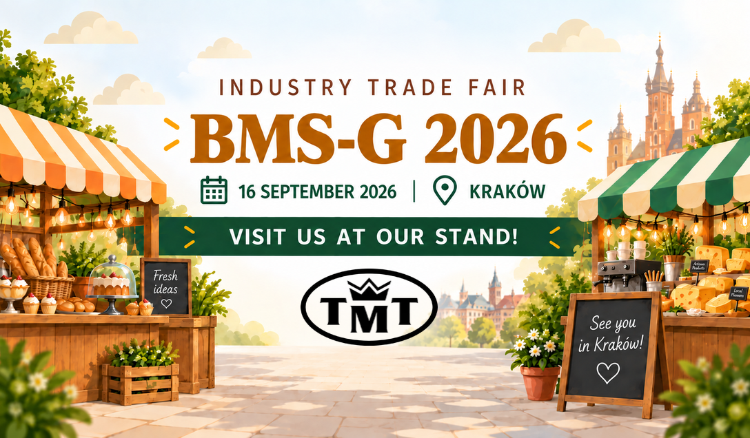 Illustration promoting the BMS-G 2026 trade fair, taking place on 16 September 2026 in Kraków, Poland. Colorful market stalls with bread, pastries, coffee and cheese frame the scene, with distinctive Kraków architecture in the background. The graphic includes the message “Visit our stand!” and the TMT logo.