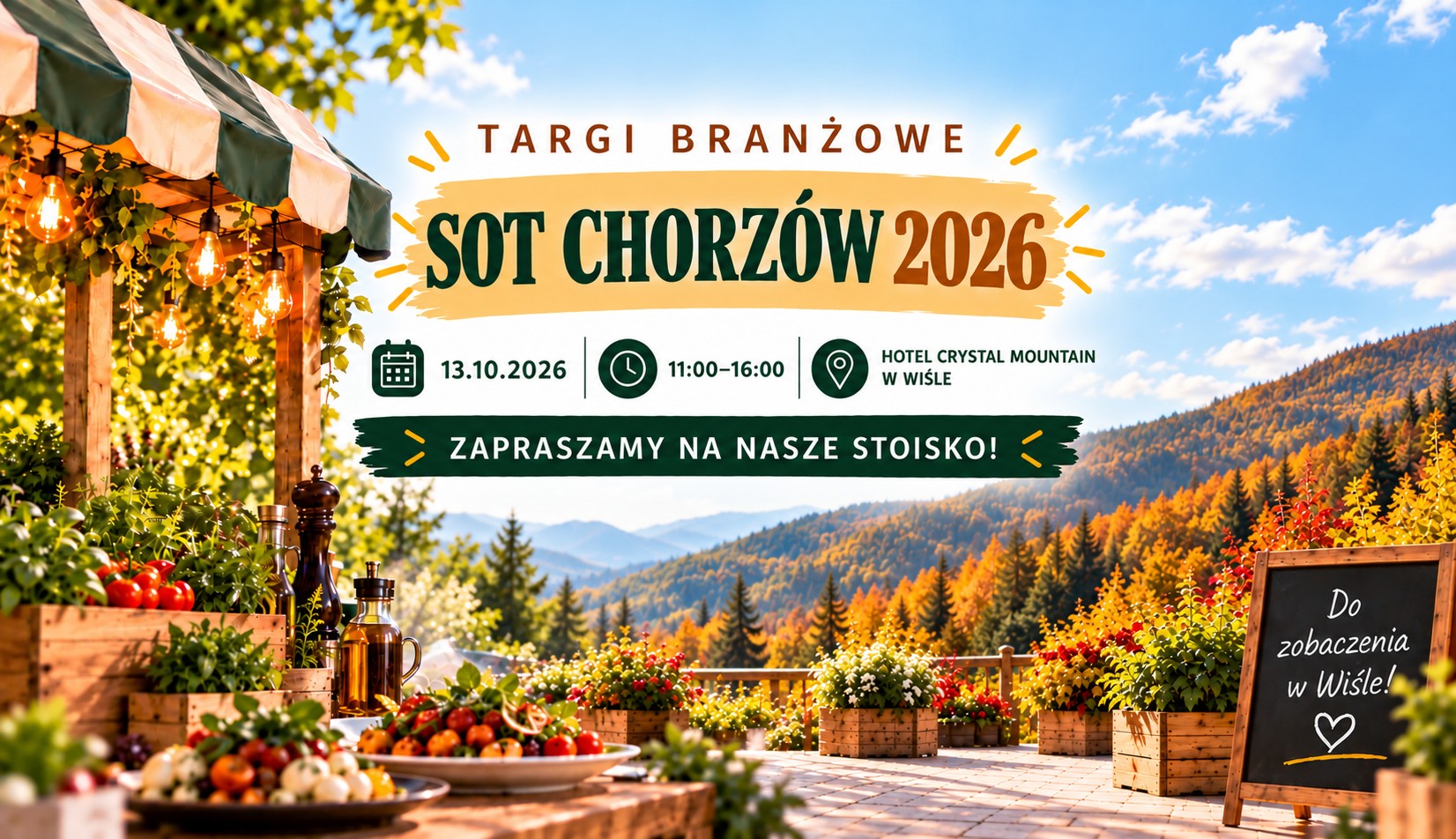 Grafika promująca targi branżowe SOT Chorzów 2026, które odbędą się 13 października 2026 r. w godzinach 11:00–16:00 w Hotelu Crystal Mountain w Wiśle. Na tle jesiennego górskiego krajobrazu widoczne są drewniane stoiska z warzywami, owocami i dekoracjami. Centralnie umieszczono nazwę wydarzenia oraz hasło „Zapraszamy na nasze stoisko!”. Po prawej stronie znajduje się tablica z napisem „Do zobaczenia w Wiśle!”. Grafika wygenerowana przy użyciu sztucznej inteligencji (AI).